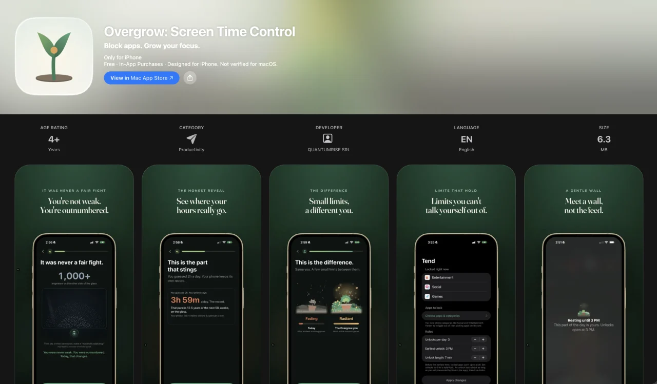 Overgrow Screen Time Control App Store page with five product screenshots