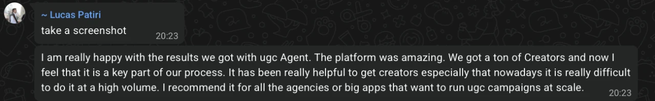 Message from Lucas Patiri saying UGC Agent became a key part of The Viral App's creator sourcing process