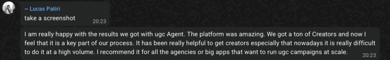 Message from Lucas Patiri saying UGC Agent became a key part of The Viral App's creator sourcing process