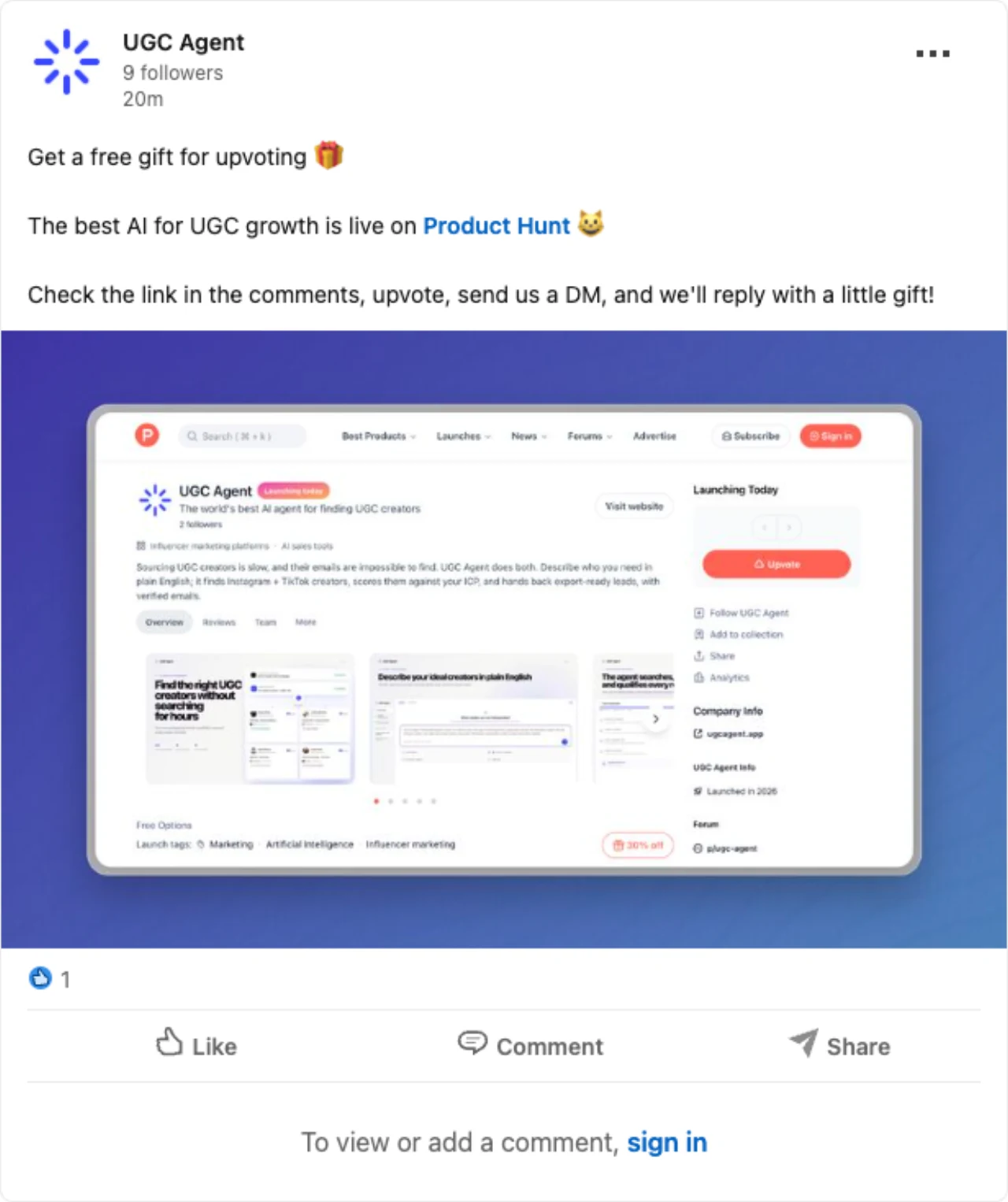 UGC Agent LinkedIn post announcing the Product Hunt launch