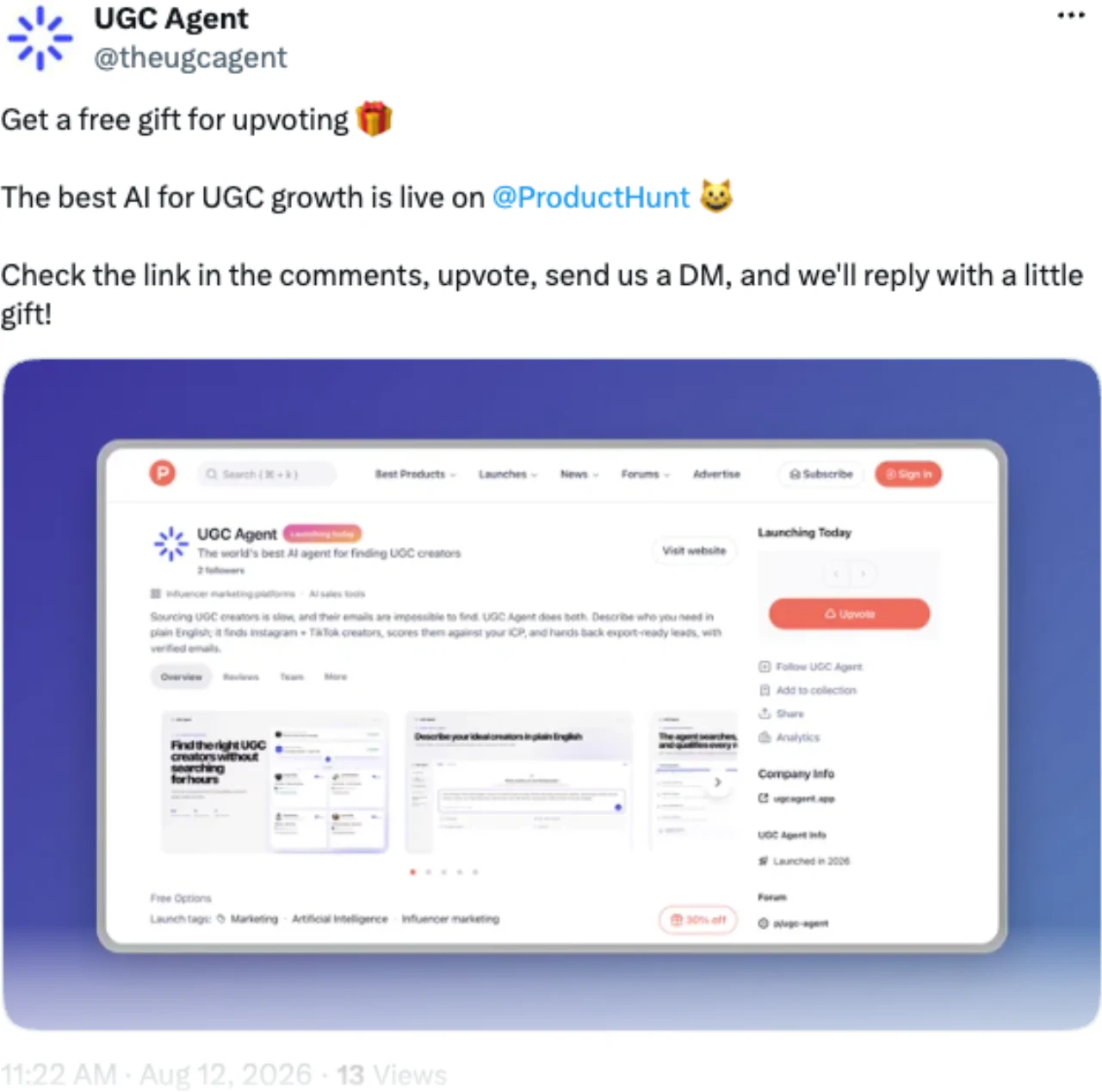 UGC Agent post on X announcing the Product Hunt launch