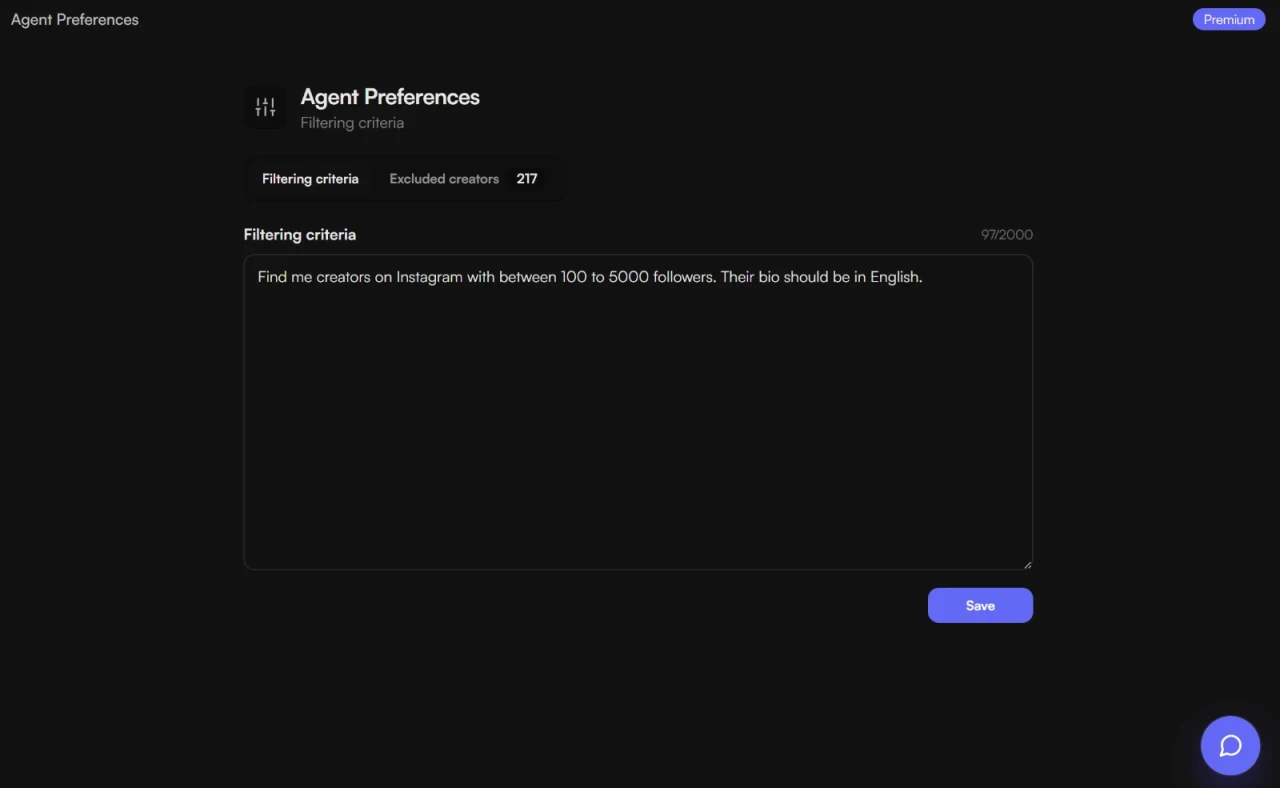 UGC Agent prompt requesting 1,000 English-language Instagram creators with 100 to 5,000 followers