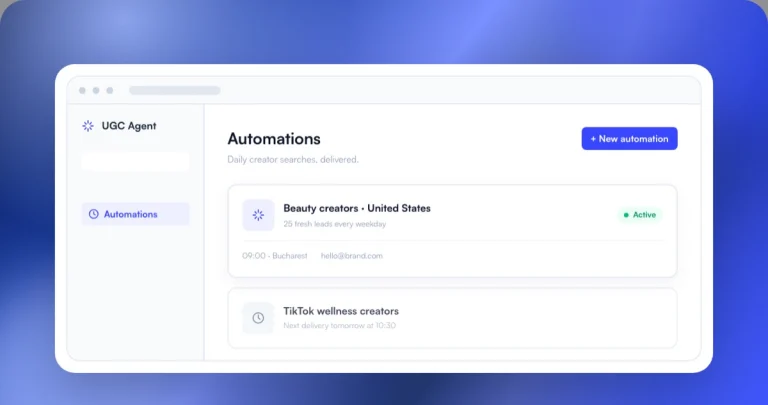 UGC Agent Automations view with scheduled daily creator searches, delivery times, and recipients