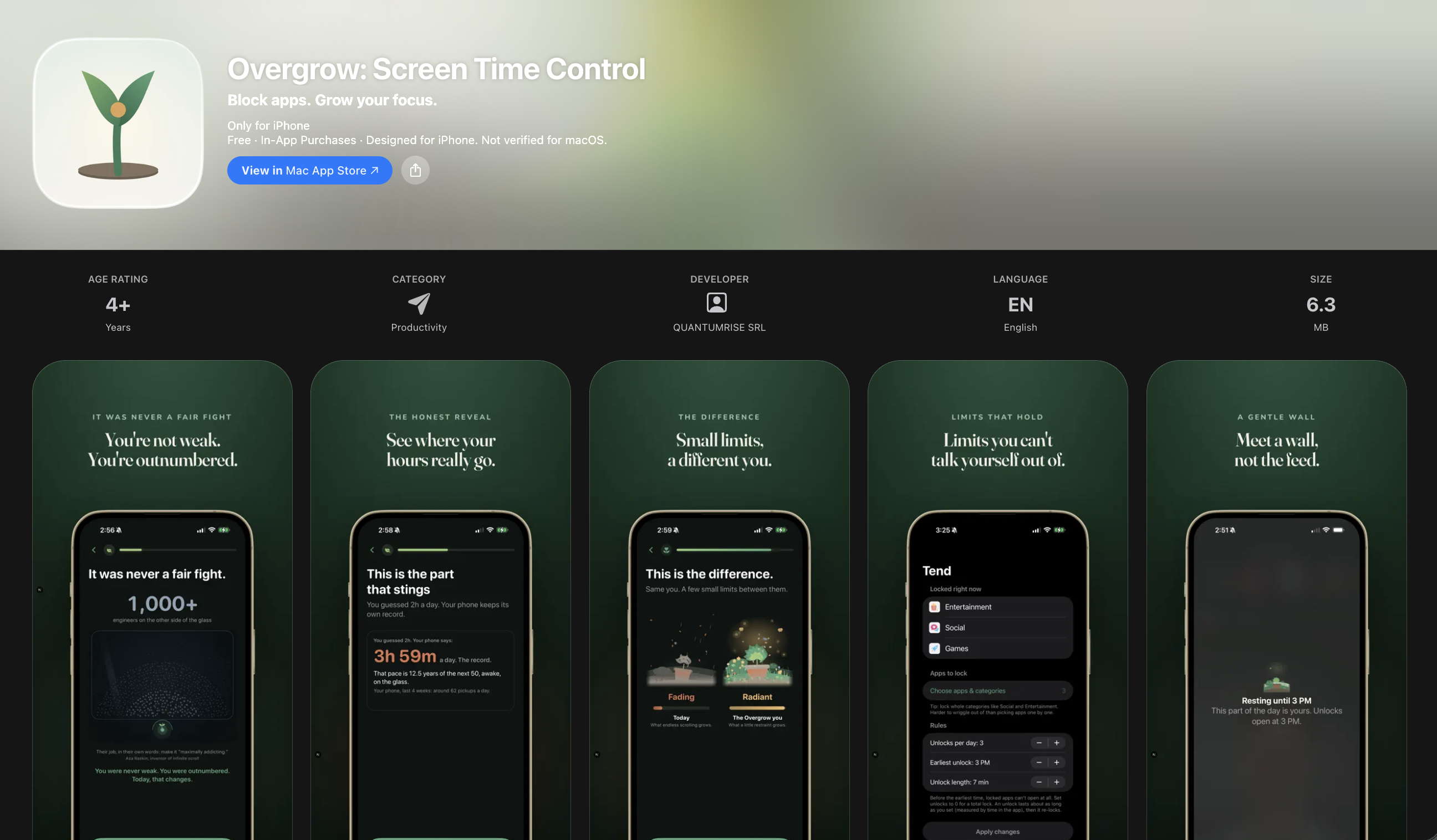 Overgrow Screen Time Control App Store page showing the app details and five product screenshots