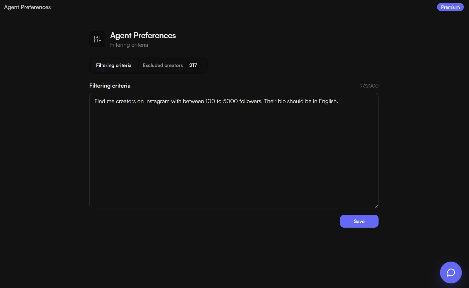 UGC Agent preferences showing Alexander's Instagram creator prompt for accounts with 100 to 5,000 followers and English bios