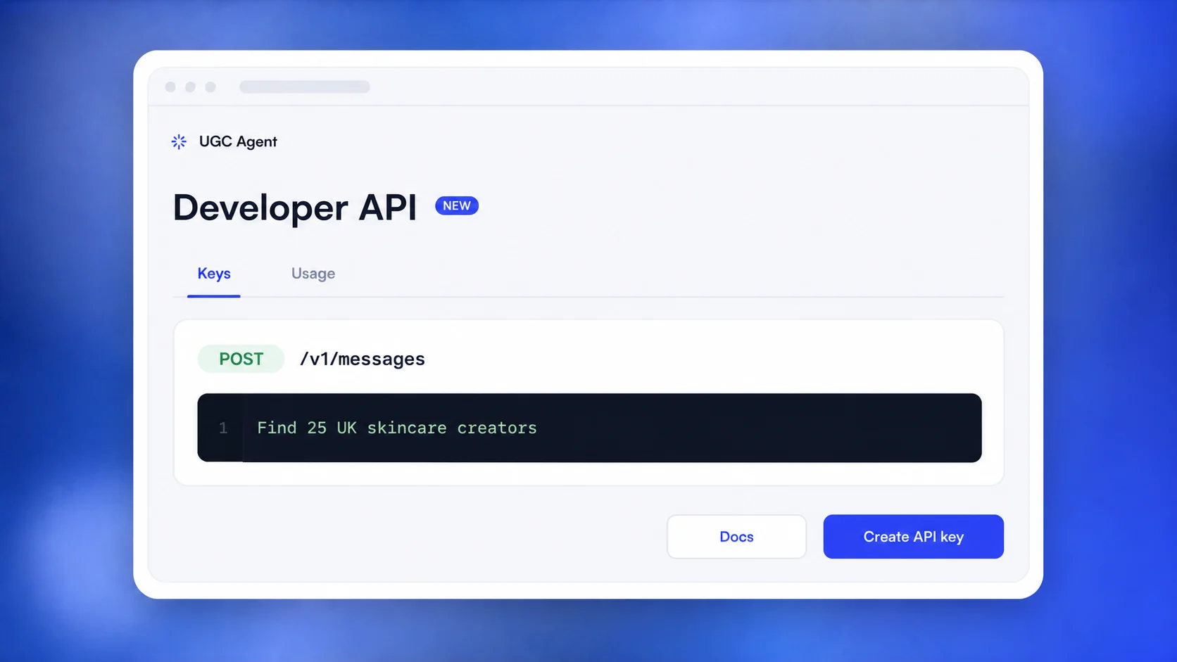 Illustration of the UGC Agent Developer API and POST /v1/messages endpoint