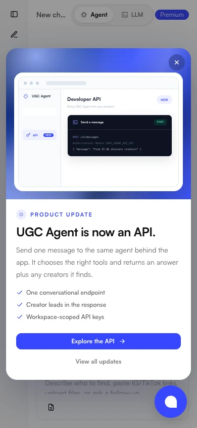 Mobile UGC Agent product update showing developer API access