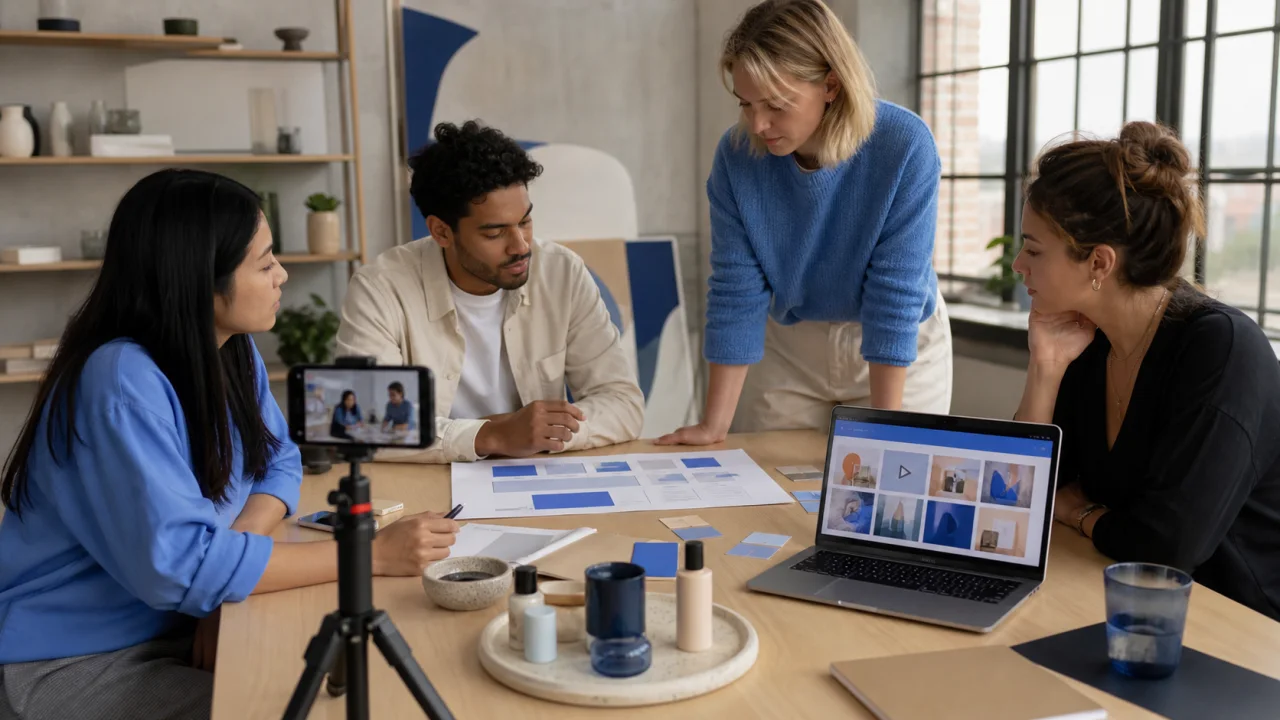 Brand marketing team planning a UGC production workflow around a smartphone and product samples