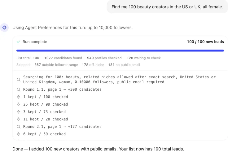 Completed UGC Agent discovery run showing 100 leads, candidate checks, and skip reasons