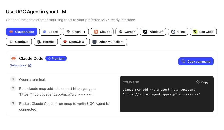 UGC Agent MCP setup for Claude Code, Codex, ChatGPT, Claude, Cursor, and other clients