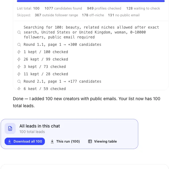 Completed UGC Agent search with 100 leads ready to review or export