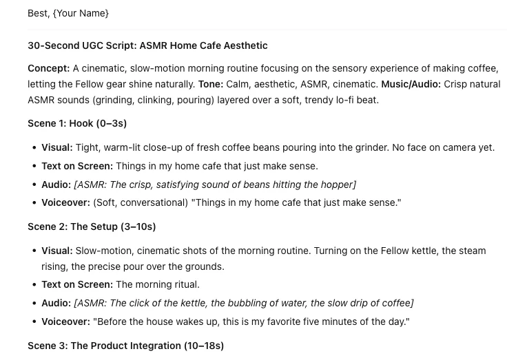 UGC Agent writing a timed 30-second UGC script with scenes, visuals, audio, and voiceover